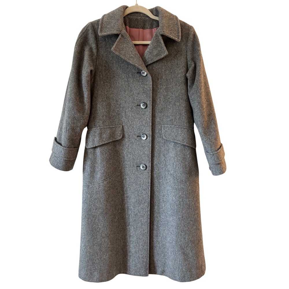 Vintage ILGWU Grey Pure Wool Overcoat Womens USA  Long Trench Coat‎ Small